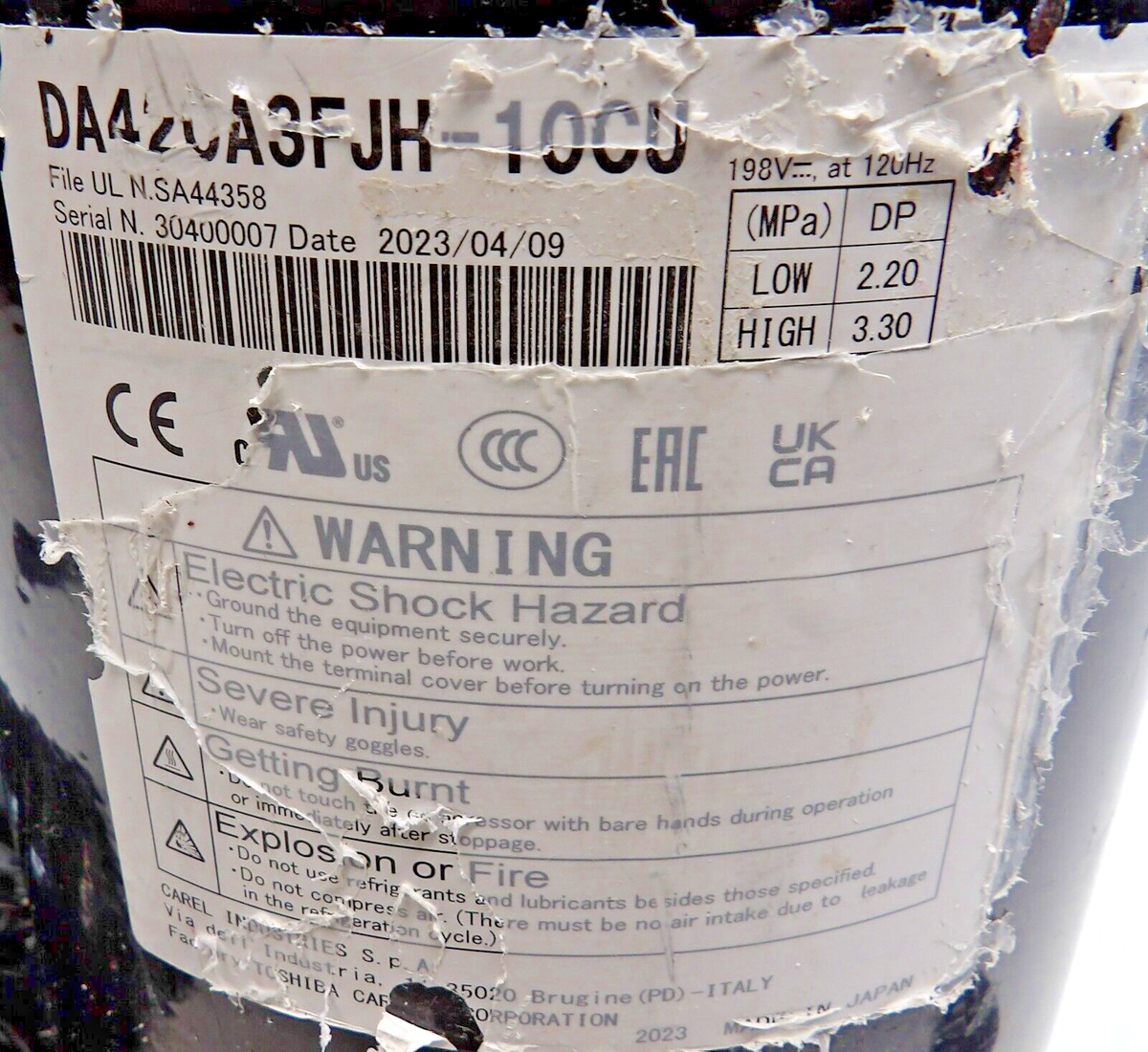 Toshiba Carel BLDC Inverter DC Compressor ZCCTDA4200 DA420A3FJH