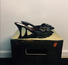 Authentic Vintage black Prada kitten heel mules with fringe stud pin on top