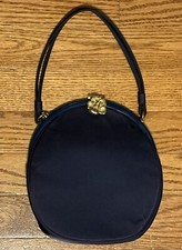 VINTAGE 70s Oval Tambourine Navy Hand Bag  Mirror  Coin Mini Bag