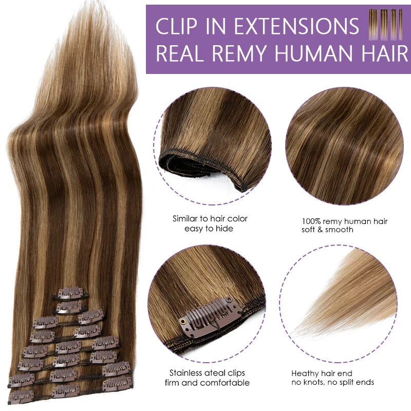 真人发夹 100% Remy 头发全头 8 件深棕色 — 第 4/4 张图片