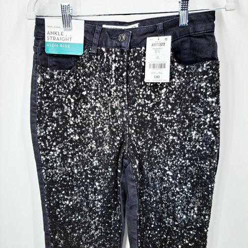 Next Petite Women's Jeans Sequin Party Size UK 8-10 RRP £40 BNWT Black - Picture 2 of 5