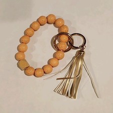 Beaded Bracelet Key Chain with Gold Tassel for Women, Wood Metal Faux Leather