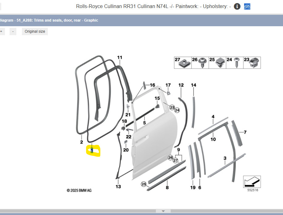 Rolls-Royce Cullinan 2017-2019 Rear Right Door gasket P/N 51137448576