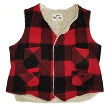 Woolrich Vintage Vest Buffalo Plaid Wool Sherpa Lined Button Snap USA Womens LG