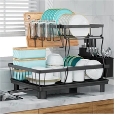 Dish Drying Rack, 2-Tier Dish Racks for Kitchen Counter, Dish Rack W/ Drainboard
