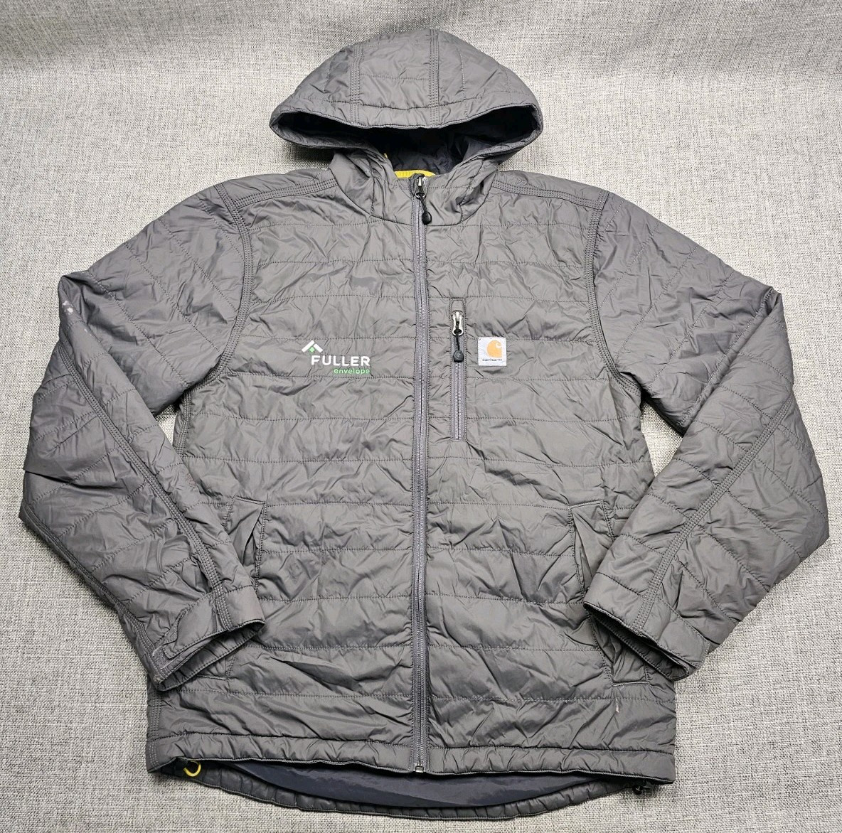 Carhartt Mens Small Gray Hooded Puffer Jacket with Rain Defender & Logo Pockets-image