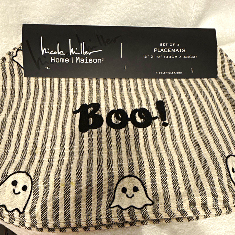 Nicole Miller Home Maison Halloween Boo Ghost Striped Oval Placemats Set 4 13x19
