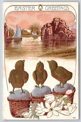Easter~3 Gold Foil Chicks Stand On Silver Eggs~Sailboat~c1910 Vintage Postcard