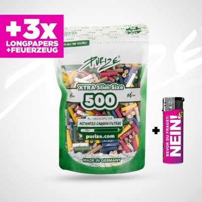 500 PURIZE XTRA Slim Size Aktivkohlefilter Ø 5,9mm 500 Stk. + Papers + Feuer