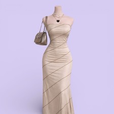 Fashion Nova Strapless Bodycon Maxi Dress Beige Brown XL Stretch Back Slit