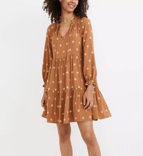 Madewell Women Tie-Neck Tiered Mini Dress in Bloom Dot Warm Hickory Size Med