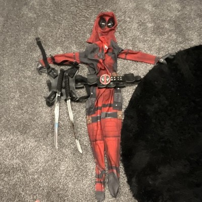 Deadpool Red/Black Jumpsuit Outfit w/ Mask, Belt, Harness, Swords
