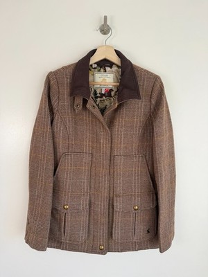 Joules Tweed Feldmantel Jacke Gr. UK 10 Kröte braun Wolle kariert Country Hacking