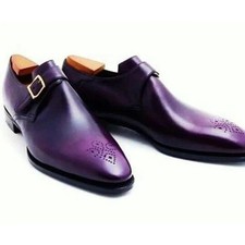 Scarpe eleganti da uomo fatte a mano viola in vera pelle brogue cinturino singolo monaco.