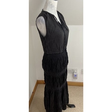 Black MIDI Shift Dress Boho Size 10 Summer Elasticated Tiers Drawstring Waist