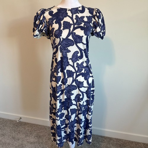 Boden Midi White Blue Paisley Floral Dress Short Puff Sleeves Size 2P - Picture 3 of 10