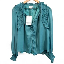 &Merci Boutique NEW Ruffle Blouse Smocked Sleeves Neck Tie Teal Green Medium