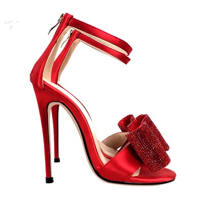 red satin bow heels