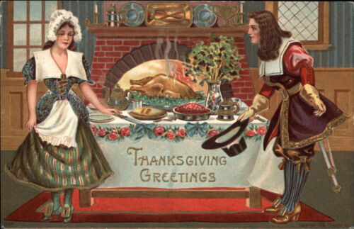 Thanksgiving Pilgrim woman and Man Elaborate Clothing c1910 Vintage Postcard - Picture 1 of 2
