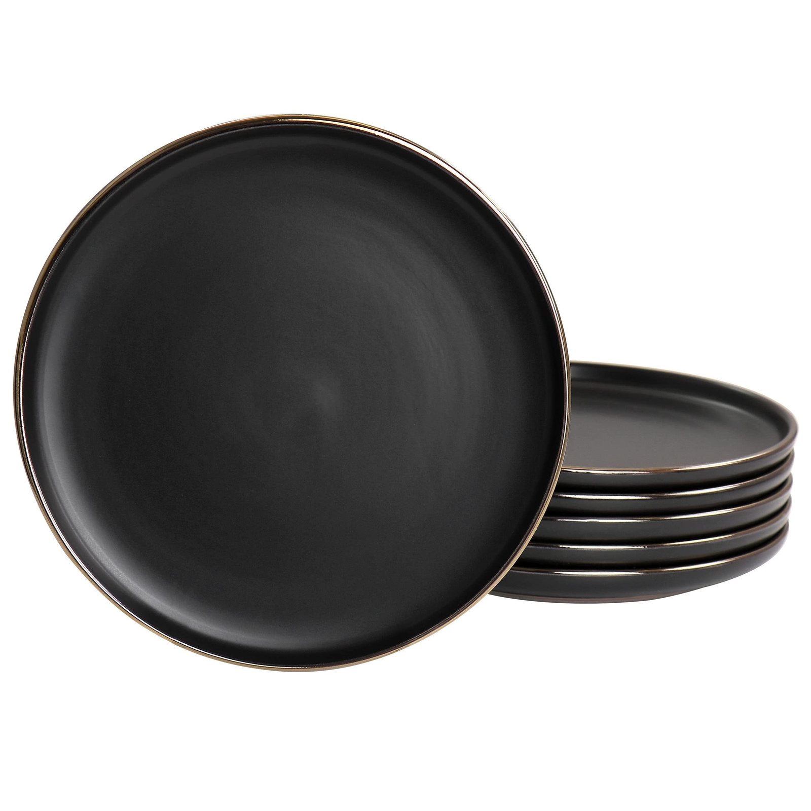 Paul 6 Piece Stoneware Salad Plate Set in Matt Black with Gold Rim (Arthur Pa...
