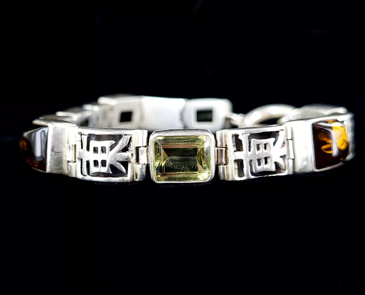 Estate Lori Bonn Sterling Silver Green Amber Quartz Chinese Symbol