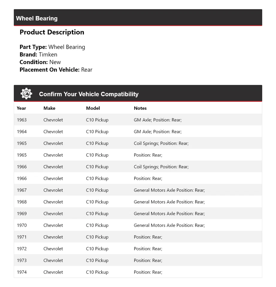 Cojinete de rueda trasero Timken 1964 1965 1966 1967 para camioneta Chevrolet C10 1963-1974 Foto 2 de 4