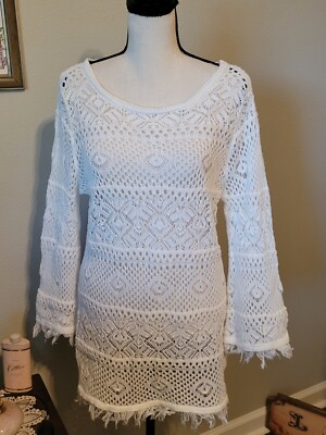 White Crochet Tunic/Coverup, Pullover Longsleeve, Fringe, By Jeanne Pierre, Sz M