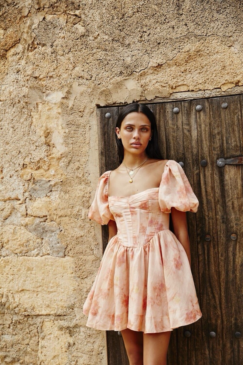 kiah corset mini dress Bardot Kiah Corset Mini Dress Orange Floral Linen Puff Sleeve 6 NWT $179