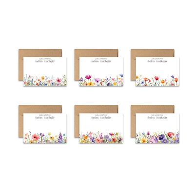 PERSONALIZED - 12 Flat Notecards Floral Stationery with Envelopes - Wildflowers