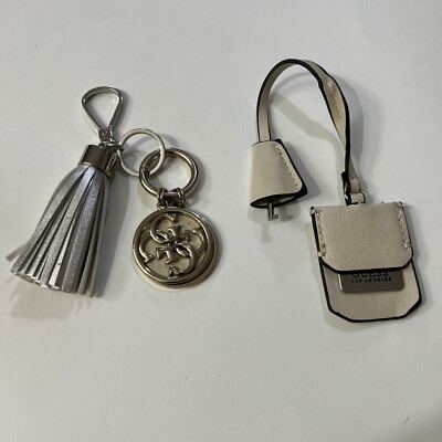 GUESS KEYCHAIN Bag Charm Hangtag Beige Loop Strap Silver Gold Tone