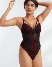 Pour Moi BLACK/RED After Hours Underwired Cage Bodysuit, US 32F, UK 32E