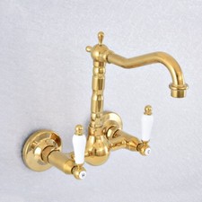 Gold Color Brass Kitchen Sink Faucet Dual Handle Mixer Tap Wall Mounted Zsf616