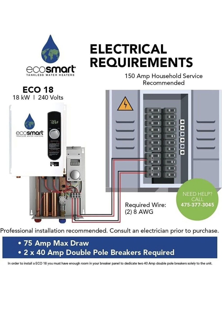 EcoSmart ECO 18 Electric Tankless Water Heater Self Modulating 18 kW 240V  Indoor 854920002046 | eBay