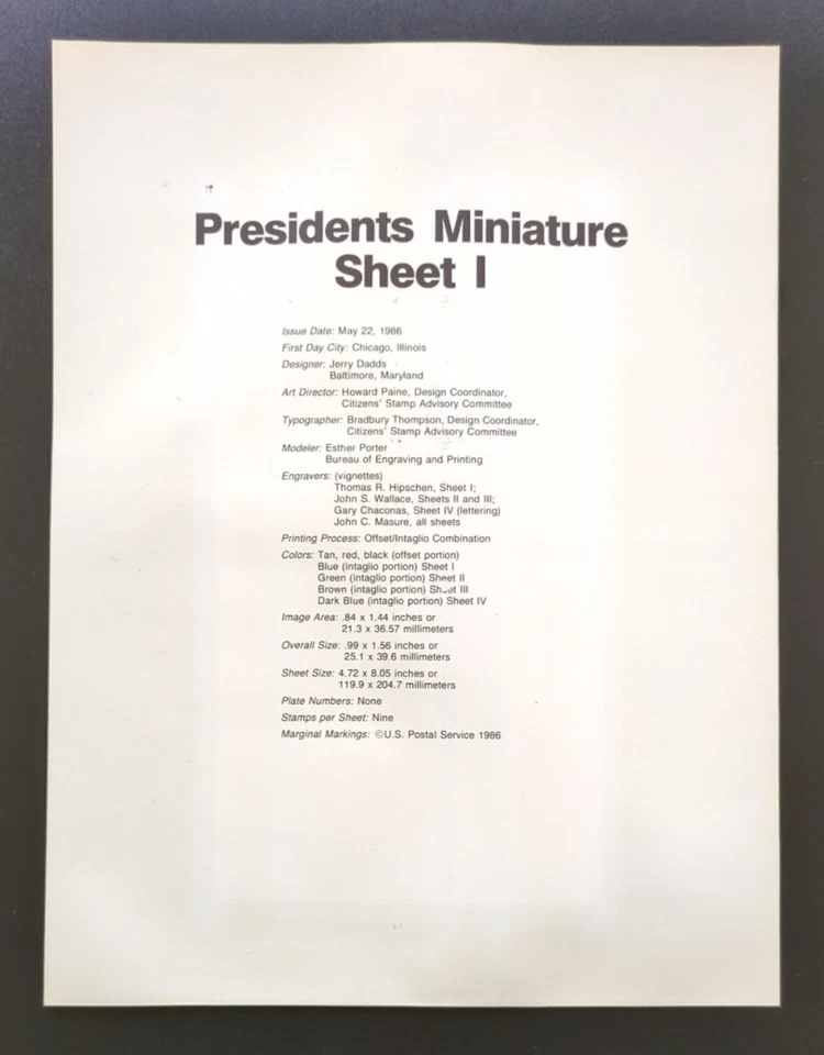 22c AMERIPEX Presidents Sheet 1 a-i 1986 SOUVENIR PAGE SCOTT # 2216 SP748 - Image 2 of 2
