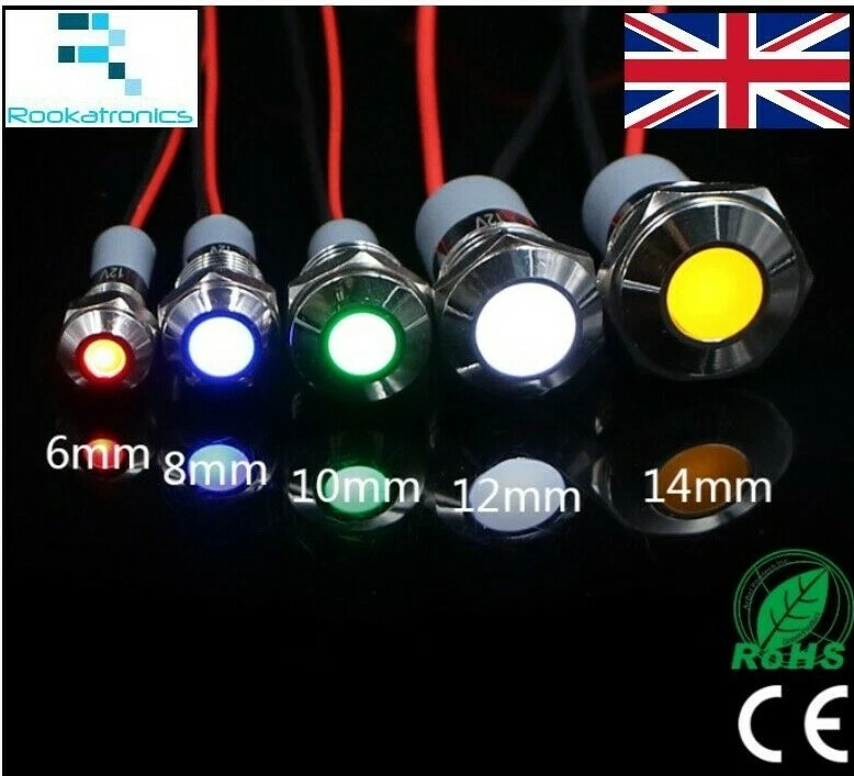 Round LED Waterproof 6mm 8mm 10mm 12mm 14mm 5V 12V 24V 220V Red, White, Blue
