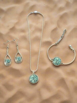 Sea Turtle Sky Blue Snap Button Jewelry Trio Set Necklace, Earring and Bracelet