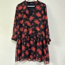 Zara Size XL Black Red Flowers Floral Print Dress Knee Length Lined
