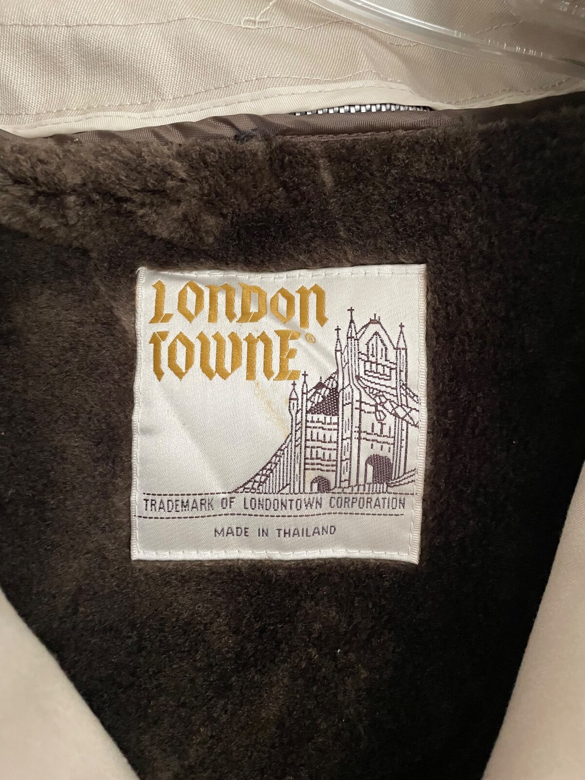 Mens London Towne Overcoat Trench Khaki Faux Fur Insert Vintage Size 40S