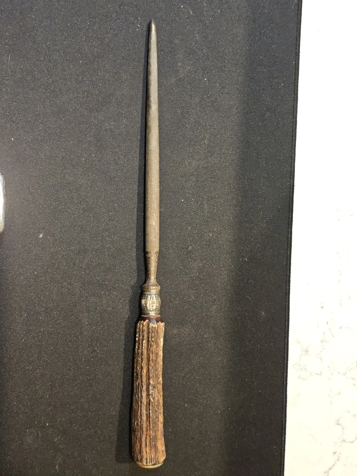 Vintage Cutlery Knife Sharpener Honing Steel Stag Horn Handle 13 1/2"
