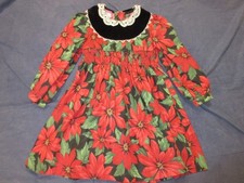 Vtg Girls POLLY FLINDERS Smocked Dress - 7 - Christmas POINSETTIAS Velvet Lace