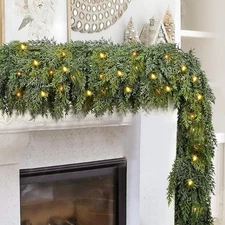 9FT Thick Christmas Garlands with 240 Cedar Branches, 50 Lights, Green Cedar Gar