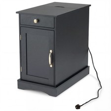 Image of End Table with Charging Station 60x35x62cm Wood Side Table Black