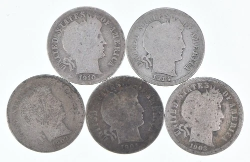 Better Lot 5 1910-D 1914-S 1903-O 1905-O 1903-O Barber Dime 0.50 Face *176