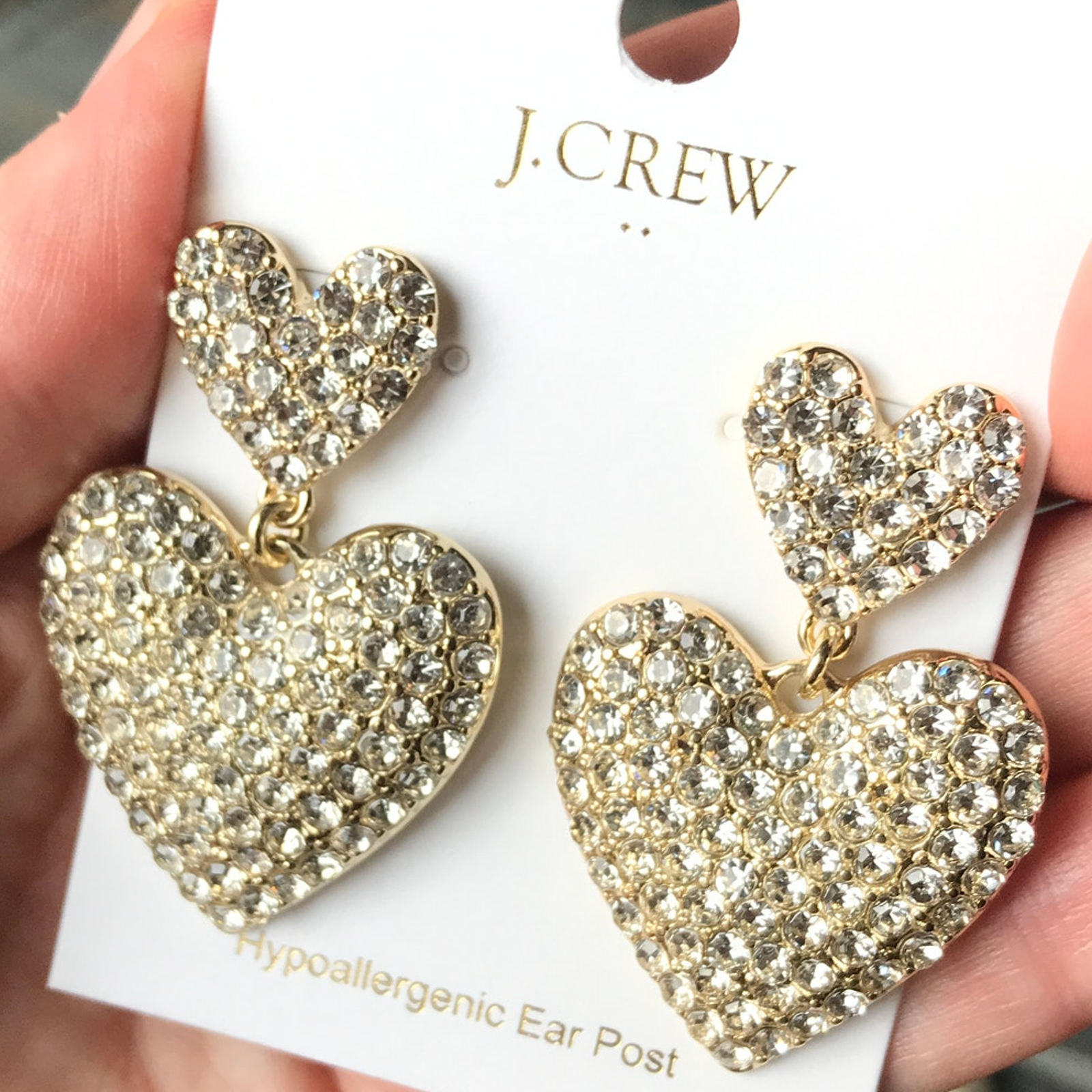 J. Crew double stacked pave rhinestone golden heart statement earrings ($49.50)