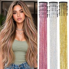 Pink Gold Silver Fairy Hair Tinsel Extensions Clip in 12 Pack 20.5 Inch