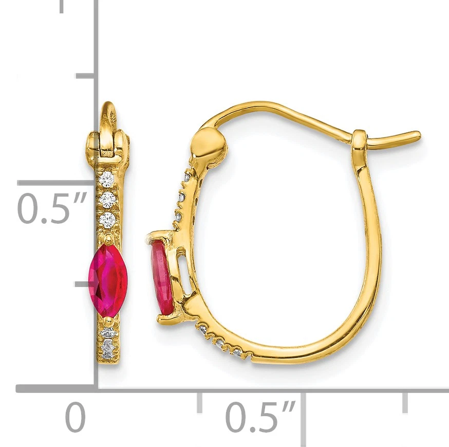 14k 1/20 carat Diamond and 5x2.5mm Marquise Ruby Hinged Hoop Earrings EM5603 - Image 4 of 4
