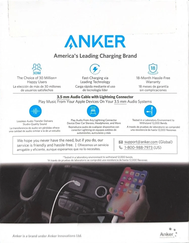 Anker 3' 电力线 Lightnin 转 3.5 毫米音频辅助适配器 - 白色 — 第 2/3 张图片