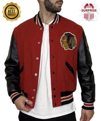 Men's CC Black Hawks Red Wool & Black Leather Jacket Bomber Style Varsity Jacket