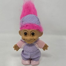 VINTAGE Russ Troll Doll 4" Purple Polka Dot Overalls Hat Pink Hair Brown Eyes