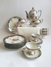 Servizio tè fiori 20 pz Tirschen Bavaria porcellana fine bianco argento vintage